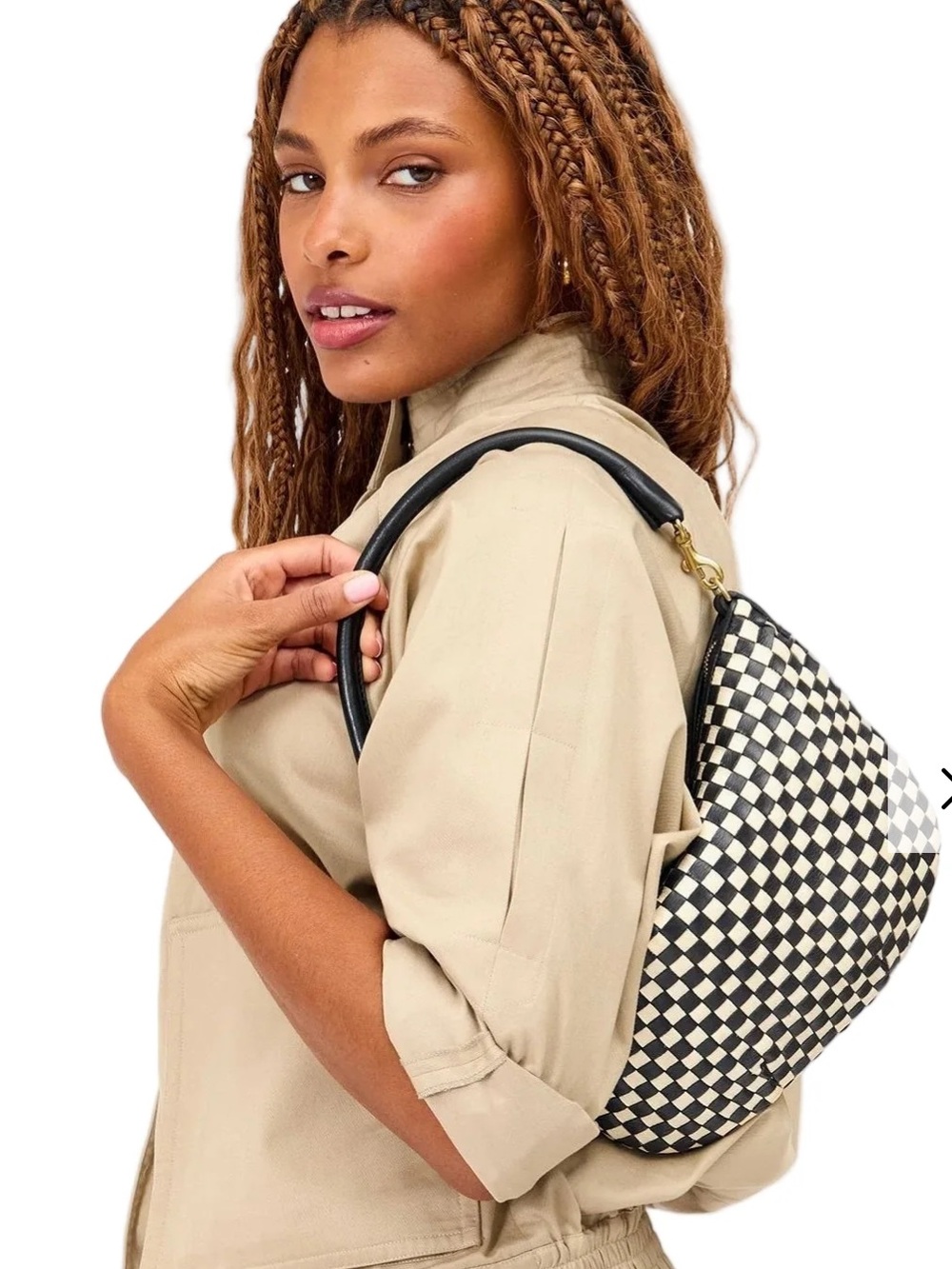 Clare V Petite Moyen Messenger Checker Shoulder / Crossbody Bag Black/Cream - Picture 4 of 12